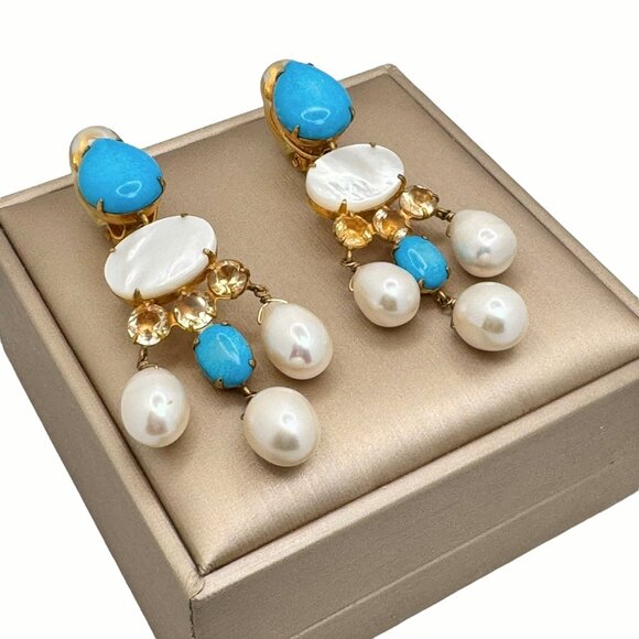 Bounkit Chandelier Earrings 14K Gold Plated Turquoise Pearls Clip-On 2-Ways - Picture 2 of 9